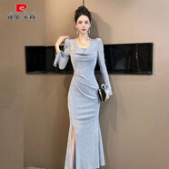 皮爾卡丹歐洲站粉色連衣裙女秋冬重要場合修身氣質(zhì)端莊大氣開叉絕美輕禮服 銀河灰【秋冬款連衣裙/重要場合/ S