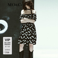 MO&Co.混紡蝴蝶結(jié)泡泡袖露肩兩穿黑白連衣裙氣質(zhì)裙子女 黑底白花色 M 165
