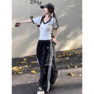 EINDKAD美式辣妹休閑運動服套裝女夏季撞色修身三杠V領(lǐng)短袖闊腿褲兩件套 短袖+長褲【兩件套】 XL 【建議120-135斤】