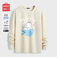 名創(chuàng)優(yōu)品（MINISO）純棉t恤男大碼潮牌圓領(lǐng)長袖200斤胖子男裝衣服休閑簡約內(nèi)搭打底衫 淺米色(閉眼摸魚) 2XL 185(體重160-180斤左右)