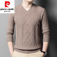 皮爾卡丹（pierre cardin）針織衫提花純色V領(lǐng)毛衣男士秋冬雞心領(lǐng)針織打底衫休閑上衣 駝色 XL 175 130-150斤
