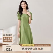 尚都比拉短袖連衣裙女夏季時尚通勤中長款a字裙釘珠收腰顯瘦裙子 綠色 XL