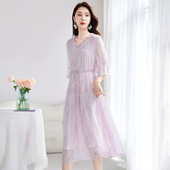 水墨佳人【清新清涼】2025大碼真絲連衣裙女夏季100%桑蠶絲喬其印花仙女 淡紫色 L (115-125斤)