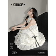 闊色（kuose）米白色法式碎花無(wú)袖掛脖薄紗連衣裙女春夏新款度假長(cháng)裙子 米白色 M