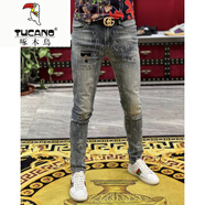 啄木鳥(niǎo)（TUCANO）歐洲站新款高端燙鉆牛仔褲男士潮牌夏季薄款潮流百搭修身小腳褲子 淺藍色MO72款 31