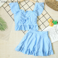 潮思匯純色二件套泳衣女孩分體簡(jiǎn)約ins風(fēng)荷葉邊夏季泡溫泉2024新款泳裝 純色蝴蝶節藍色 S(65-90斤)選我)