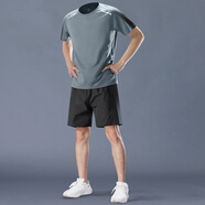 古梵莎運動套裝男夏季速干衣跑步短袖健身衣服冰絲t恤短褲羽毛球訓練服 灰色冰絲 速干 運動 L115-130斤