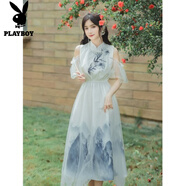 花花公子（PLAYBOY）大碼女裝胖mm改良國風(fēng)漢元素新中式中國風(fēng)露肩日?？纱┻B衣裙潮女 圖片色 M 建議100斤內(nèi)