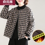 俞兆林（YUZHAOLIN）媽媽裝秋冬新款輕薄小棉衣韓版大碼休閑女士棉襖中老年居家棉服女 黑白格子 【加棉】 L 建議110-125斤