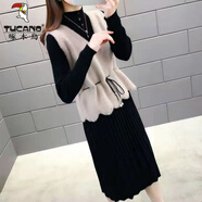 啄木鳥(niǎo)羊·毛針織連衣裙女秋冬季鑲鉆新款馬甲背心中長(cháng)款毛衣裙兩件套裝 卡其【兩件套】 M 【95-105斤】