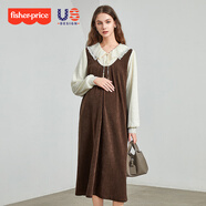 費雪孕婦裝連衣裙套裝秋冬季新款條紋蕾絲拼接背心裙高個(gè)子假兩件冬裝 咖色孕婦裙 M【100-125斤適穿】