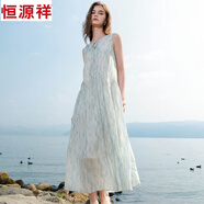 恒源祥2025夏季新品連衣裙海邊度假氣質圓領背心無袖寬松長裙印花連衣裙 冰川藍花連衣裙 S 建議80---100斤