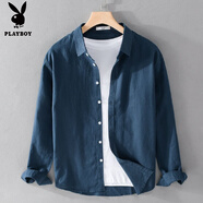 花花公子（PLAYBOY）柒風(fēng)葉高端亞麻長(cháng)袖襯衫男夏季純色中年薄款寬松休閑棉麻襯衣男士 深藍色棉麻/透氣排汗棉麻款 2XL 【建議140-155斤】