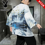 花花公子品牌男裝唐裝男中國(guó)風(fēng)夏季薄款和服防曬衣披風(fēng)古風(fēng)浮世繪道袍大碼 金雁白 M
