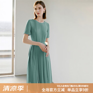 顏域（YANYEE）短袖百褶連衣裙2024夏天新款女裝氣質(zhì)女神范收腰顯瘦氣質(zhì)a字裙 綠色 M/38