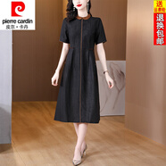 皮爾卡丹（pierre cardin）25年新款香云紗娃娃領(lǐng)真絲連衣裙女夏季氣質(zhì)桑蠶絲短袖中長(cháng)裙子女 黑色 L