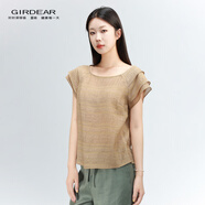哥弟（GIRDEAR）女裝夏裝上衣時(shí)尚百搭復古雅丹風(fēng)方領(lǐng)不規則褶皺短袖T恤130045 深卡其色 砂卡其 L
