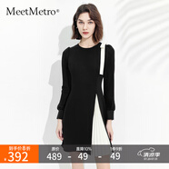 MeetMetro瑪依爾不規(guī)則撞色連衣裙女2025夏裝設(shè)計感蝴蝶結(jié)百褶裙氣質(zhì)a字裙 黑白MJ936933 S