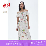 H&M女裝花卉連衣裙秋季花朵泡泡一字肩短袖植物印花長裙1230970 白色/花卉 XS 155/80