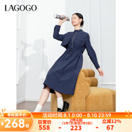 lagogo抽繩收腰文藝通勤連衣裙女拉谷谷春秋新款不對(duì)稱設(shè)計(jì)a字裙 藏青色(M0) L