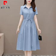 皮爾卡丹（pierre cardin）亞麻棉麻休閑連衣裙女夏季媽媽氣質(zhì)時(shí)尚洋氣收腰顯瘦系帶裙子 灰藍(lán)色 棉麻亞麻女高端連衣裙 M 【歐洲站歐韓貨高端連衣裙】