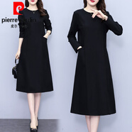 皮爾卡丹（pierre cardin）毛呢灰色連衣裙女長(cháng)袖2025新款女中老年呢子媽l媽冬季大l碼長(cháng)裙 黑色 M 90-100斤