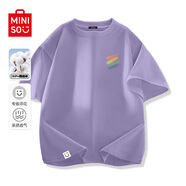 名創(chuàng)優(yōu)品（MINISO）短袖男女情侶t恤新款夏季美式潮牌涂鴉寬松透氣紫色體恤男生衣服 【100%純棉】紫色(筆刷彩色胸標(biāo)_B標(biāo)) M /170(男女同款)