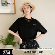 謎底刺繡T恤短袖女2025夏新款圓領寬松后背抽象繡花上衣256MT6021 黑色 M