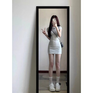 甜辣妹緊身連衣裙女夏季純欲風(fēng)小個(gè)子收腰包臀連身裙性感修身短裙 白灰色 S