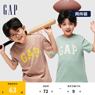 Gap男女童夏季LOGO純棉短袖T恤套裝兒童裝404362兩件裝 棕綠組合 130cm(S)亞洲尺碼