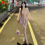 甜米寶夏季氣質(zhì)長(cháng)袖設計感露肩收腰泡泡袖雪紡連衣裙高腰短褲兩件套女潮 套裝 連衣裙+短褲 L 105-115斤