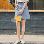 茵曼復古夏裝女包臀顯瘦半身裙中高腰排扣短牛仔裙子 淺牛仔- S 