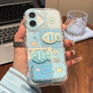 中掌柜格小魚(yú)鏡子支架適用蘋(píng)果16promax手機保護殼iphone15華為ma 泡芙殼[透明-藍格小魚(yú)塊+鏡子支架] PPFindX7Pro