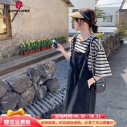 皮爾卡丹胖mmt恤背帶裙兩件套洋氣連衣裙女大碼顯瘦休閑減齡套裝裙夏歐美 黑色(單件t恤) 2XL 建議165-180斤