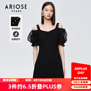 艾諾絲雅詩(shī)【商場(chǎng)同款】夏新珍珠網(wǎng)紗泡泡袖短袖小清新小黑裙連衣裙10429006 黑色 M