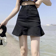 VOSACLL2025夏高腰日系牛仔短裙A字包臀魚尾甜美半身裙女 黑色 C區(qū)5336 S 100斤以下