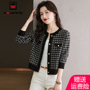 AEMAPE小香風(fēng)外套女2025春秋季短外套女千鳥(niǎo)格小個(gè)子毛衣女短款上衣 黑色 S