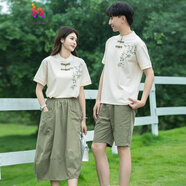 山森南獅中國風(fēng)情侶裝夏裝短袖國潮t恤拍結婚照男女款兩件套裝新中式衣服 如圖款 XXS 女童130（套裝） 40-50斤
