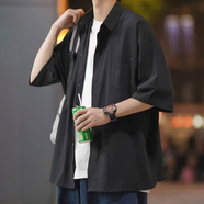 Homlean日系純色文藝襯衫男夏季短袖打底高級感港風(fēng)休閑內搭B999黑色M