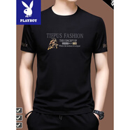花花公子（PLAYBOY）冰絲短袖t恤男士休閑圓領(lǐng)半袖絲光棉潮流男裝上衣服打底體恤衫男 X716黑色 M 165【建議100-120斤】