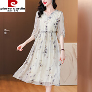 皮爾卡丹（pierre cardin）連衣裙2025夏新款高端氣質(zhì)v領(lǐng)收腰顯瘦七分袖印花裙子 花色 XL 建議115-125斤