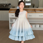 女童連衣裙夏季2025新款大童女孩超好看夏裝裙子兒童多巴胺小洋裙 藍色 150