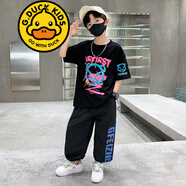 G.DUCKKIDS品牌童裝男童短袖套裝兒童夏季新款中大童男孩帥氣休閑兩件套潮 819 黑色 140
