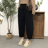 俞兆林（YUZHAOLIN）高腰休閑褲女春季新款復古松緊腰蘿卜褲子寬松百搭小腳哈倫褲 黑色 M 建議95-110斤