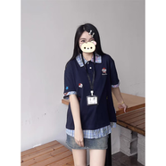 佐敘美式復古假兩件POLO領(lǐng)短袖t恤女夏季新款刺繡學(xué)院風(fēng)寬松顯瘦上衣 藏青色 M （95-110斤）
