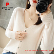 皮爾卡丹（pierre cardin）品牌撿漏春秋新款V領(lǐng)羊絨開(kāi)衫女外搭純色大碼毛衣打底針織衫外搭 米杏色 S