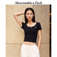 Abercrombie & Fitch【多色亨利領(lǐng)】小麋鹿圖案女裝25夏季修身短袖T恤139-5271 黑色 S (165/88A)