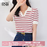 歐莎（OSA）條紋polo領(lǐng)針織衫短袖女高端夏季冰絲薄款休閑百搭顯瘦上衣 紅色 L