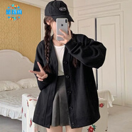 慕瑤雨杏色開衫棒球服紐扣V領(lǐng)外套女春秋款2025新款韓系慵懶風(fēng)穿搭上衣 黑色 薄款 S 85-95斤