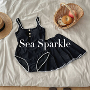 南啵丸[Sea Sparkle]小香ins刺繡鉤邊韓系度假泳衣溫泉沙灘無(wú)邊泳池 黑色+裙子 M (80-99斤)